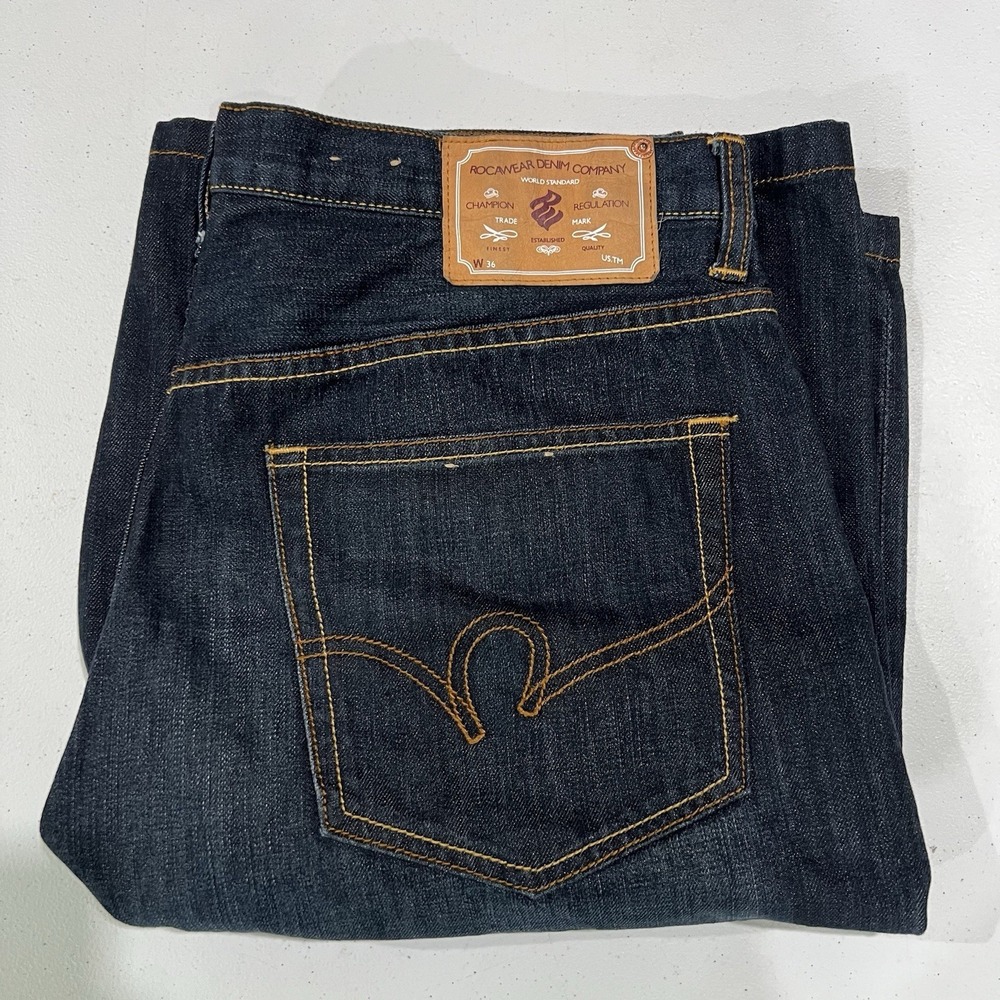 Vintage Roca Wear Jean Shorts Jorts 36 Blue Denim Embroidered Hip Hop Y2K Grunge